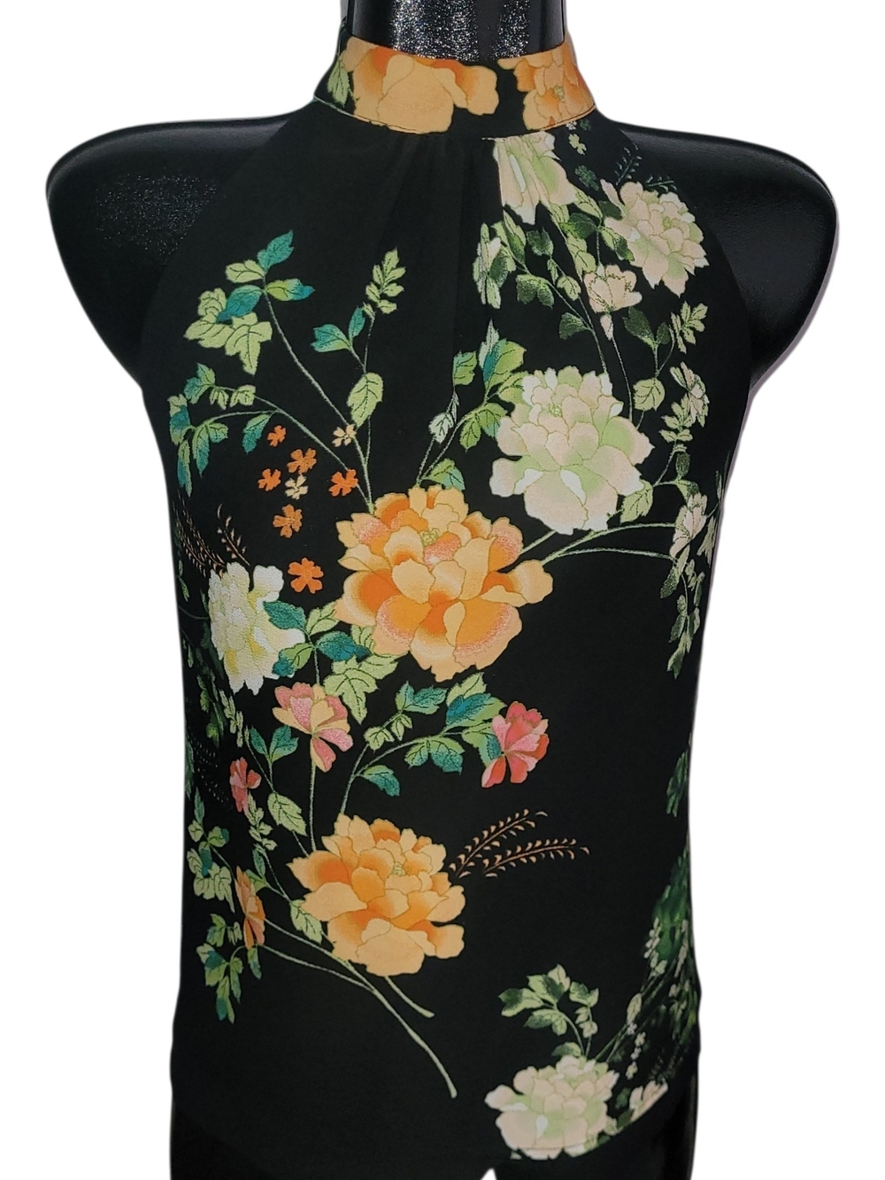 Rose & Olive Black Floral Halter Top with Orange & Cream Blooms Size XS